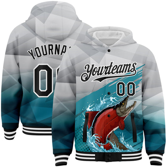 Custom Gray Black-Aqua Salmon Fish Fishing 3D Bomber Full-Snap Varsity Letterman Hoodie Jacket - Main View