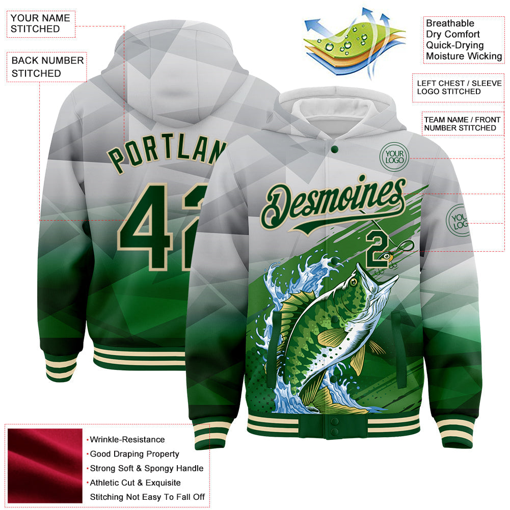 Custom Gray Green-Cream Largemouth Bass Fish Fishing 3D Bomber Full-Snap Varsity Letterman Hoodie Jacket view 3