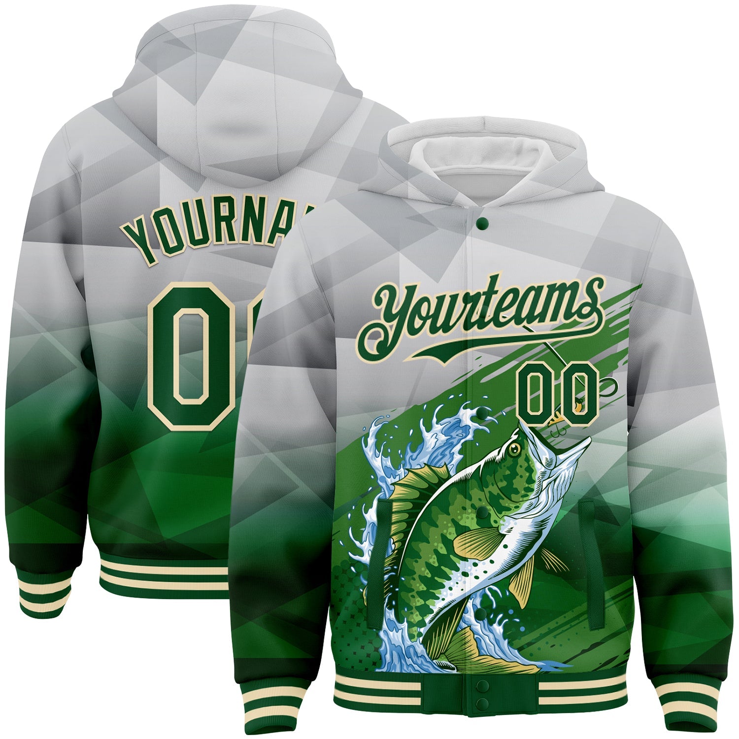 Custom Gray Green-Cream Largemouth Bass Fish Fishing 3D Bomber Full-Snap Varsity Letterman Hoodie Jacket - Main View