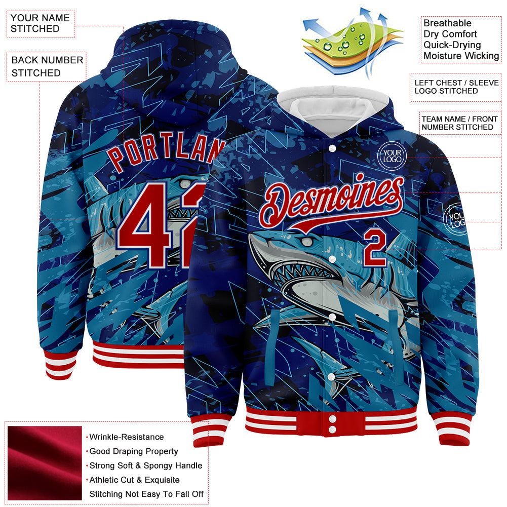 Custom Royal Red-White Marlin Fish Fishing 3D Bomber Full-Snap Varsity Letterman Hoodie Jacket view 3
