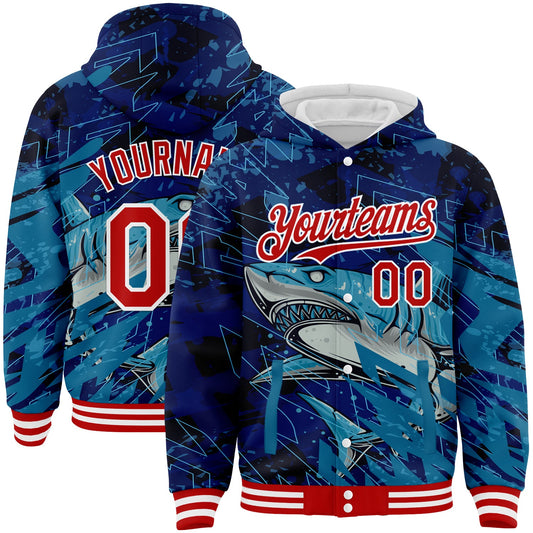 Custom Royal Red-White Marlin Fish Fishing 3D Bomber Full-Snap Varsity Letterman Hoodie Jacket - Main View