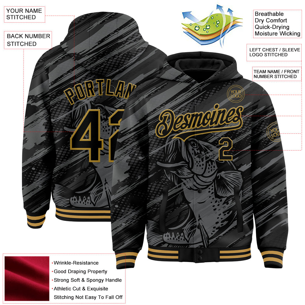 Custom Black Old Gold Largemouth Bass Fish Fishing 3D Bomber Full-Snap Varsity Letterman Hoodie Jacket view 3