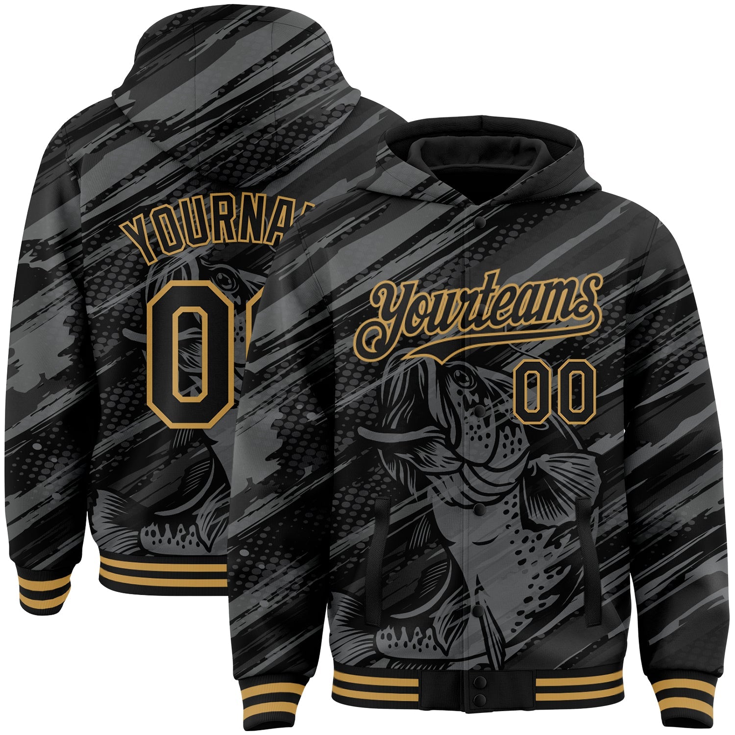 Custom Black Old Gold Largemouth Bass Fish Fishing 3D Bomber Full-Snap Varsity Letterman Hoodie Jacket - Main View