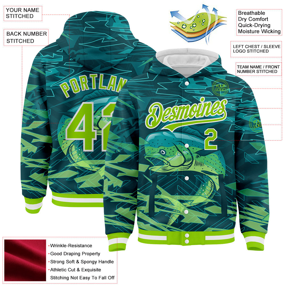 Custom Teal Neon Green-White Mahimah Fish Fishing 3D Bomber Full-Snap Varsity Letterman Hoodie Jacket view 3