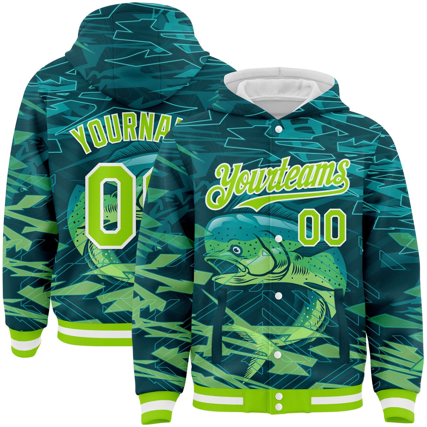 Custom Teal Neon Green-White Mahimah Fish Fishing 3D Bomber Full-Snap Varsity Letterman Hoodie Jacket - Main View