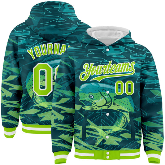 Custom Teal Neon Green-White Mahimah Fish Fishing 3D Bomber Full-Snap Varsity Letterman Hoodie Jacket - Main View