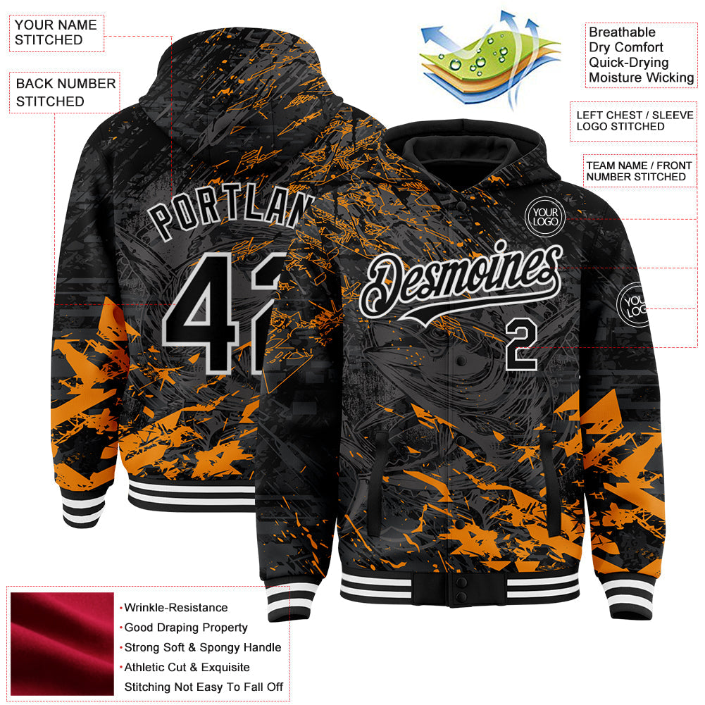 Custom Black Orange-White Tuna Fish Fishing 3D Bomber Full-Snap Varsity Letterman Hoodie Jacket view 3