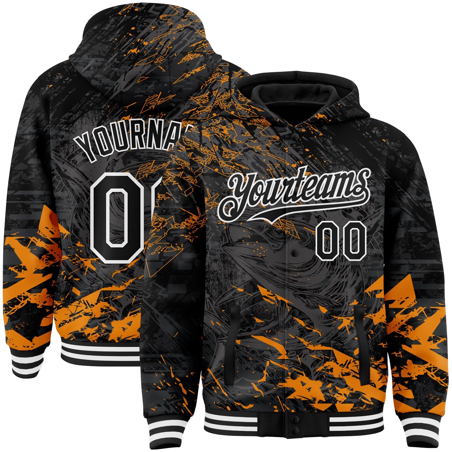 Custom Black Orange-White Tuna Fish Fishing 3D Bomber Full-Snap Varsity Letterman Hoodie Jacket - Main View