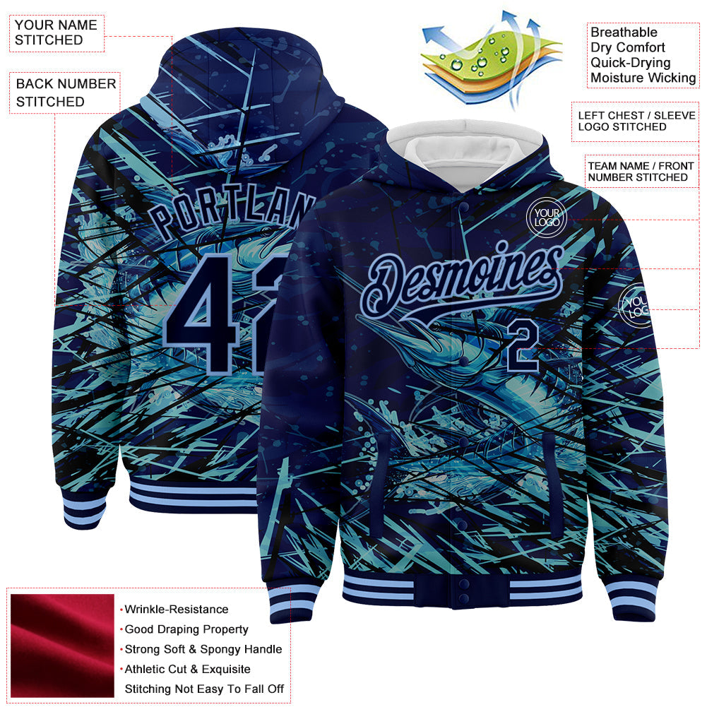 Custom Navy Light Blue Marlin Fish Fishing 3D Bomber Full-Snap Varsity Letterman Hoodie Jacket view 3