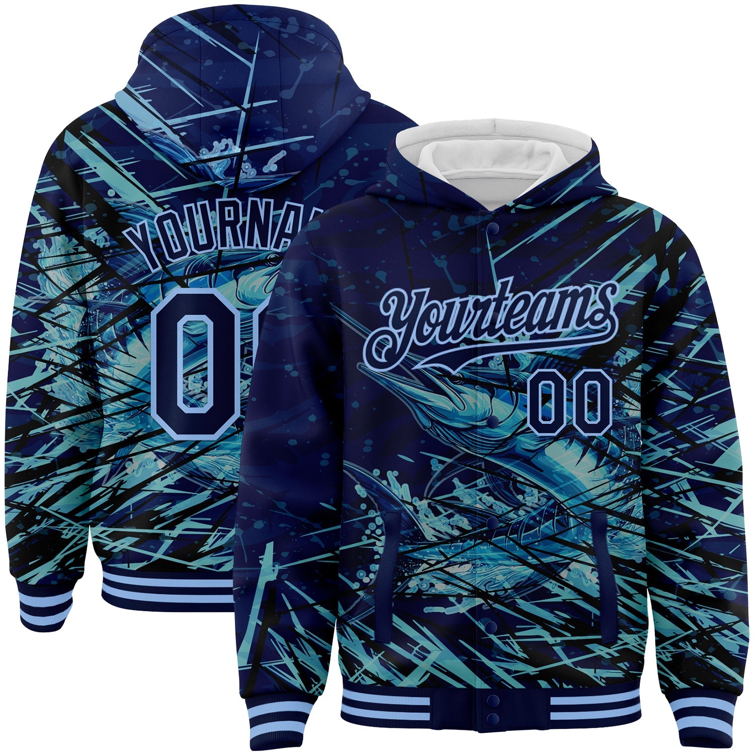 Custom Navy Light Blue Marlin Fish Fishing 3D Bomber Full-Snap Varsity Letterman Hoodie Jacket - Main View