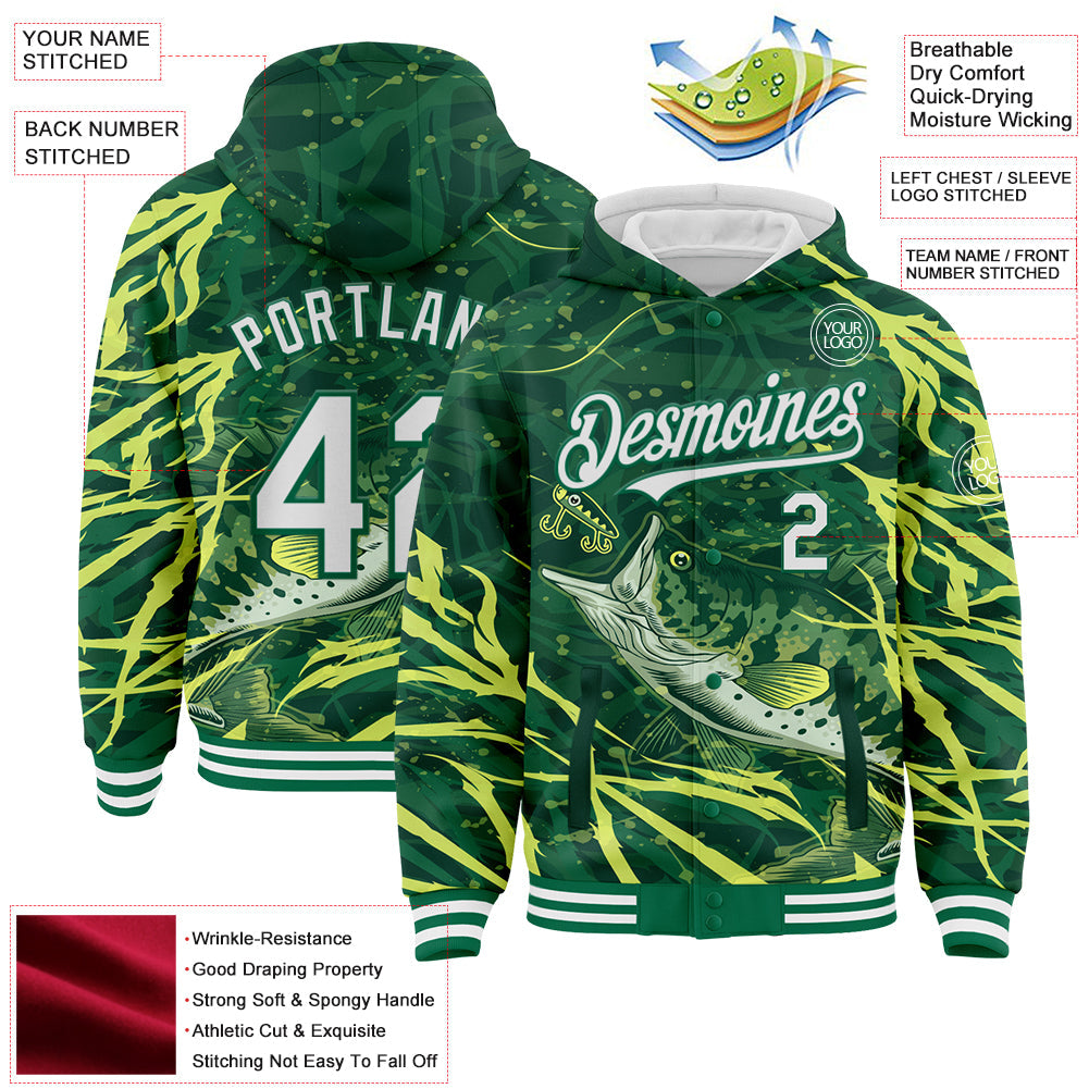 Custom Kelly Green White Largemouth Bass Fish Fishing 3D Bomber Full-Snap Varsity Letterman Hoodie Jacket view 3