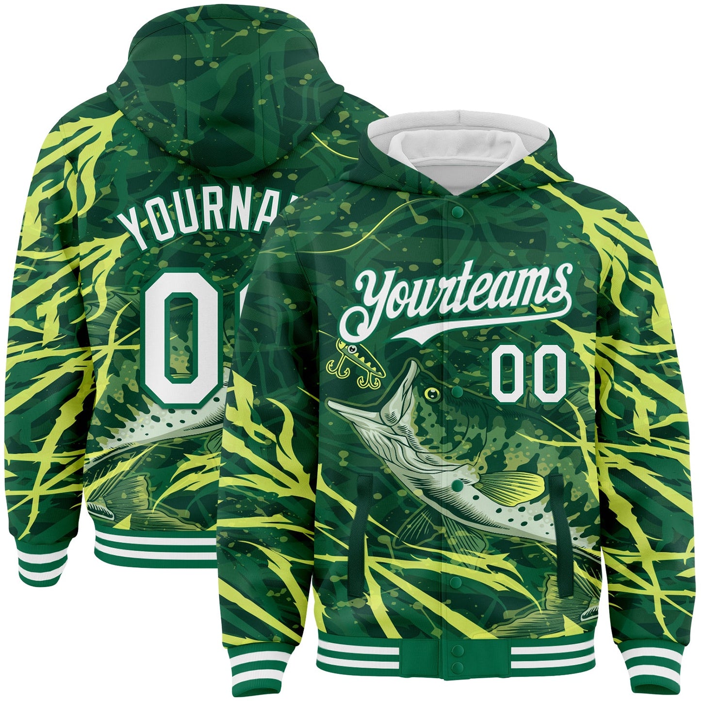 Custom Kelly Green White Largemouth Bass Fish Fishing 3D Bomber Full-Snap Varsity Letterman Hoodie Jacket - Main View