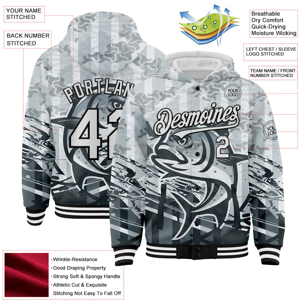 Custom Gray White-Black Giant Trevally Fish Fishing 3D Bomber Full-Snap Varsity Letterman Hoodie Jacket view 3