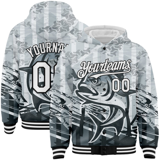 Custom Gray White-Black Giant Trevally Fish Fishing 3D Bomber Full-Snap Varsity Letterman Hoodie Jacket - Main View