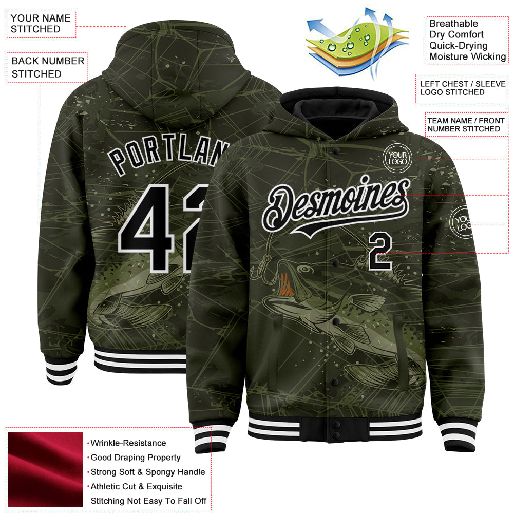 Custom Olive Black-White Largemouth Bass Fish Fishing 3D Bomber Full-Snap Varsity Letterman Hoodie Jacket view 3