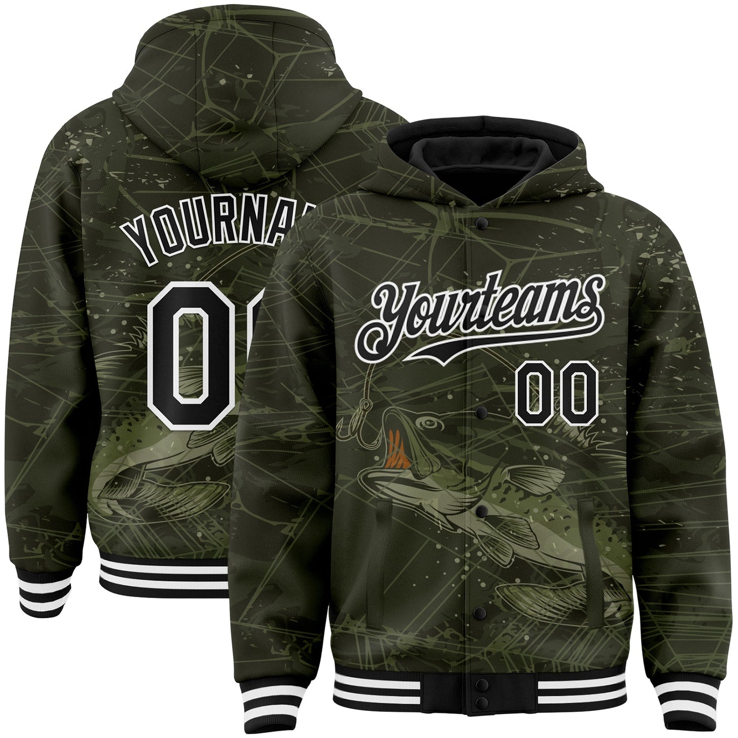 Custom Olive Black-White Largemouth Bass Fish Fishing 3D Bomber Full-Snap Varsity Letterman Hoodie Jacket - Main View
