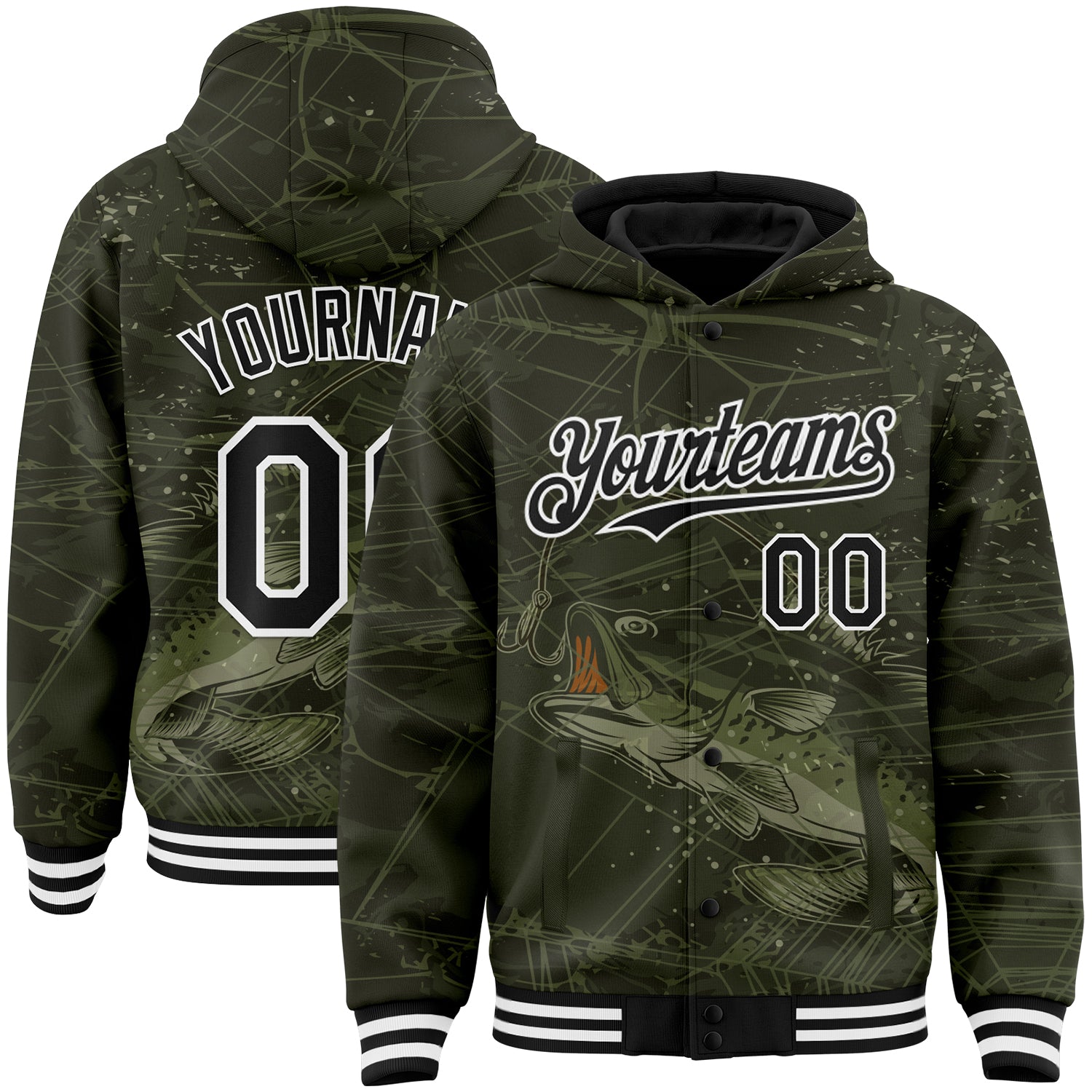 Custom Olive Black-White Largemouth Bass Fish Fishing 3D Bomber Full-Snap Varsity Letterman Hoodie Jacket - Main View