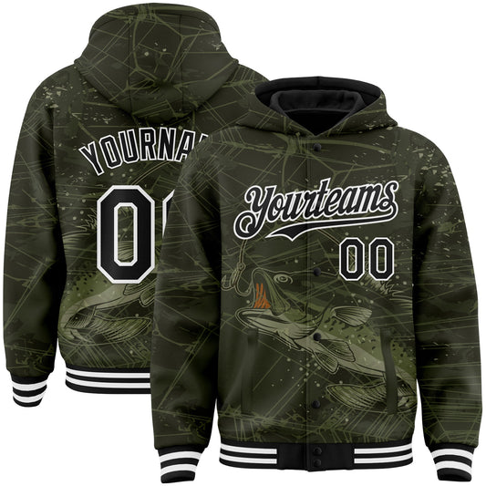 Custom Olive Black-White Largemouth Bass Fish Fishing 3D Bomber Full-Snap Varsity Letterman Hoodie Jacket - Main View