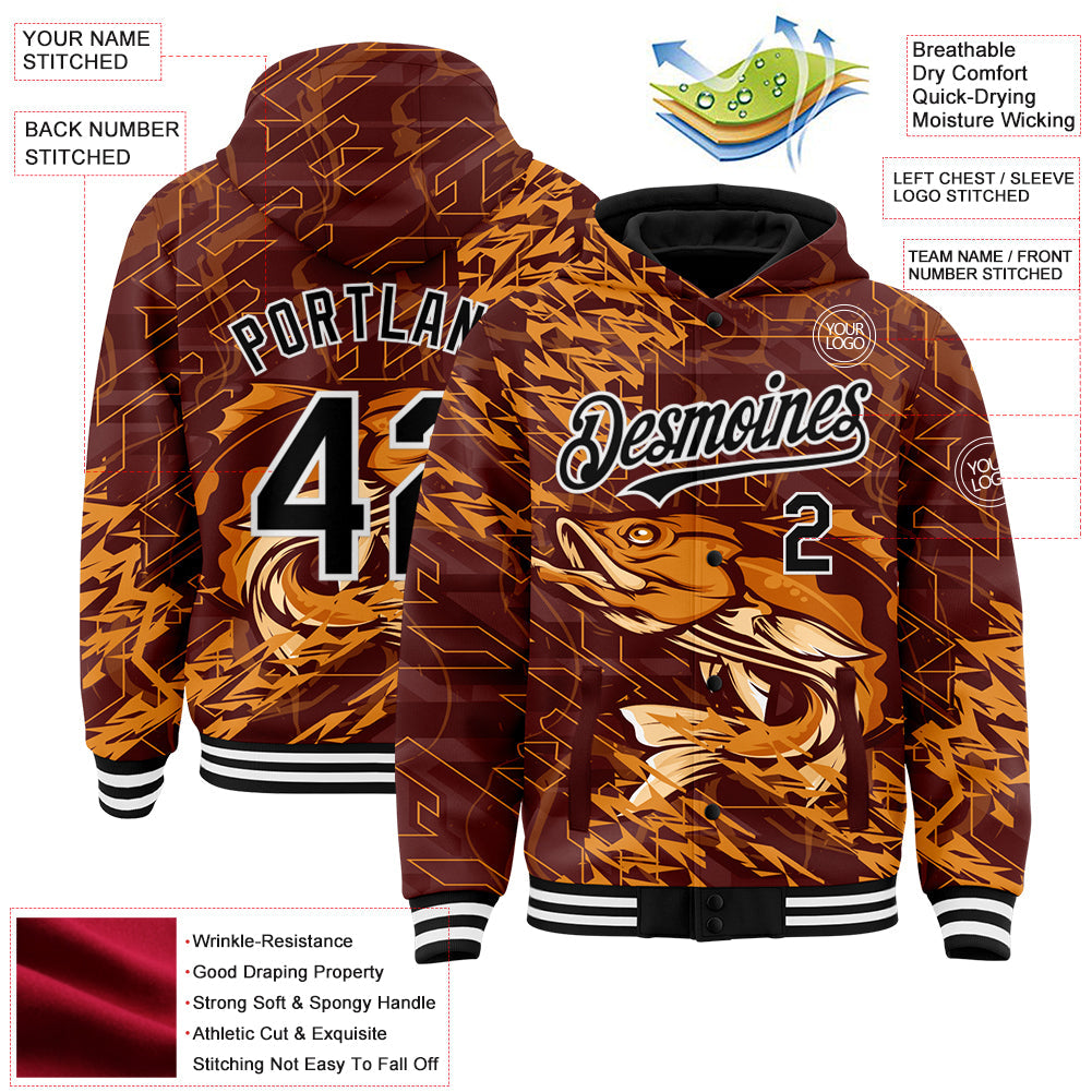 Custom Brown Black-White Largemouth Bass Fish Fishing 3D Bomber Full-Snap Varsity Letterman Hoodie Jacket view 3