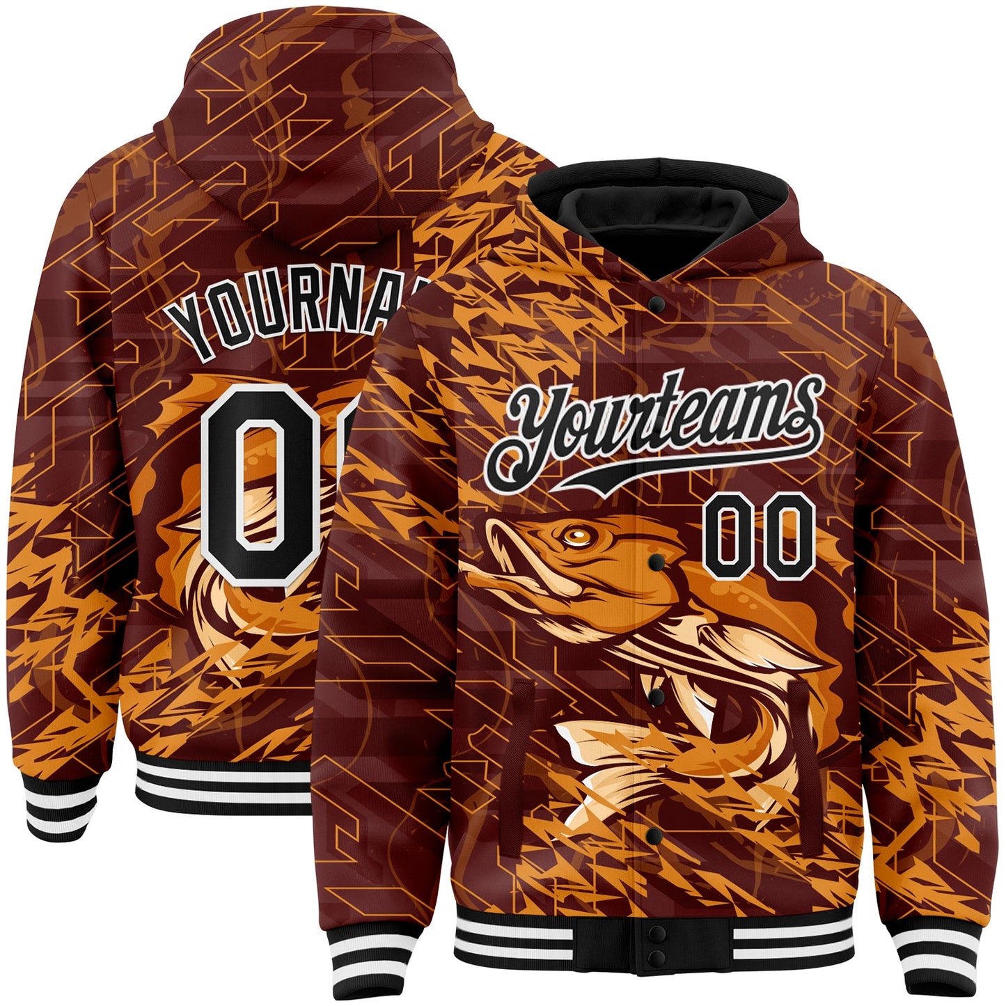 Custom Brown Black-White Largemouth Bass Fish Fishing 3D Bomber Full-Snap Varsity Letterman Hoodie Jacket - Main View