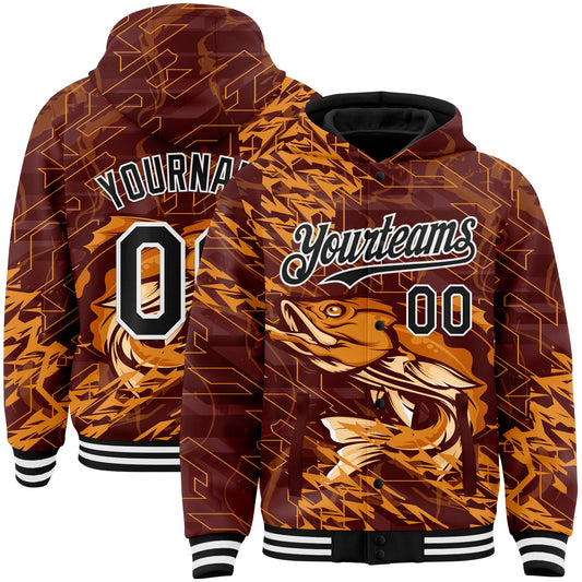 Custom Brown Black-White Largemouth Bass Fish Fishing 3D Bomber Full-Snap Varsity Letterman Hoodie Jacket - Main View