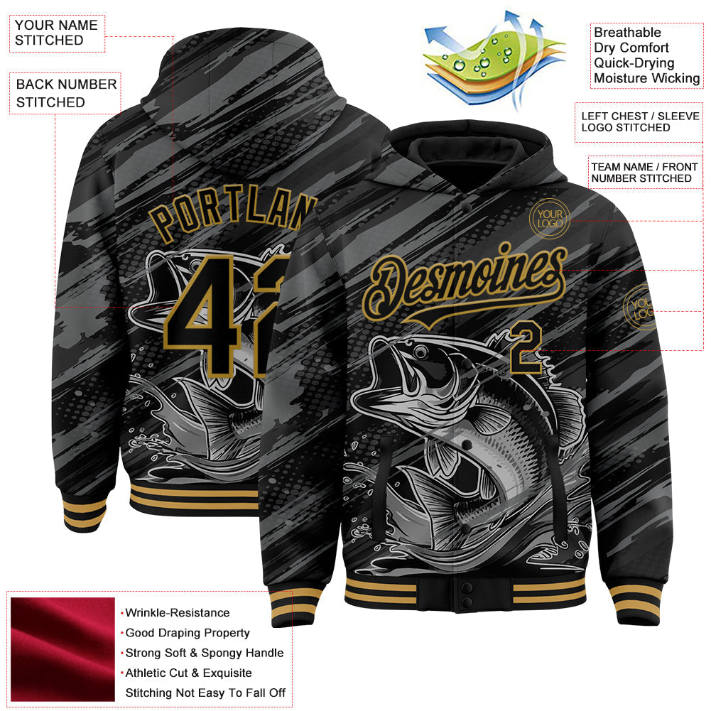Custom Black Old Gold Largemouth Bass Fish Fishing 3D Bomber Full-Snap Varsity Letterman Hoodie Jacket view 3