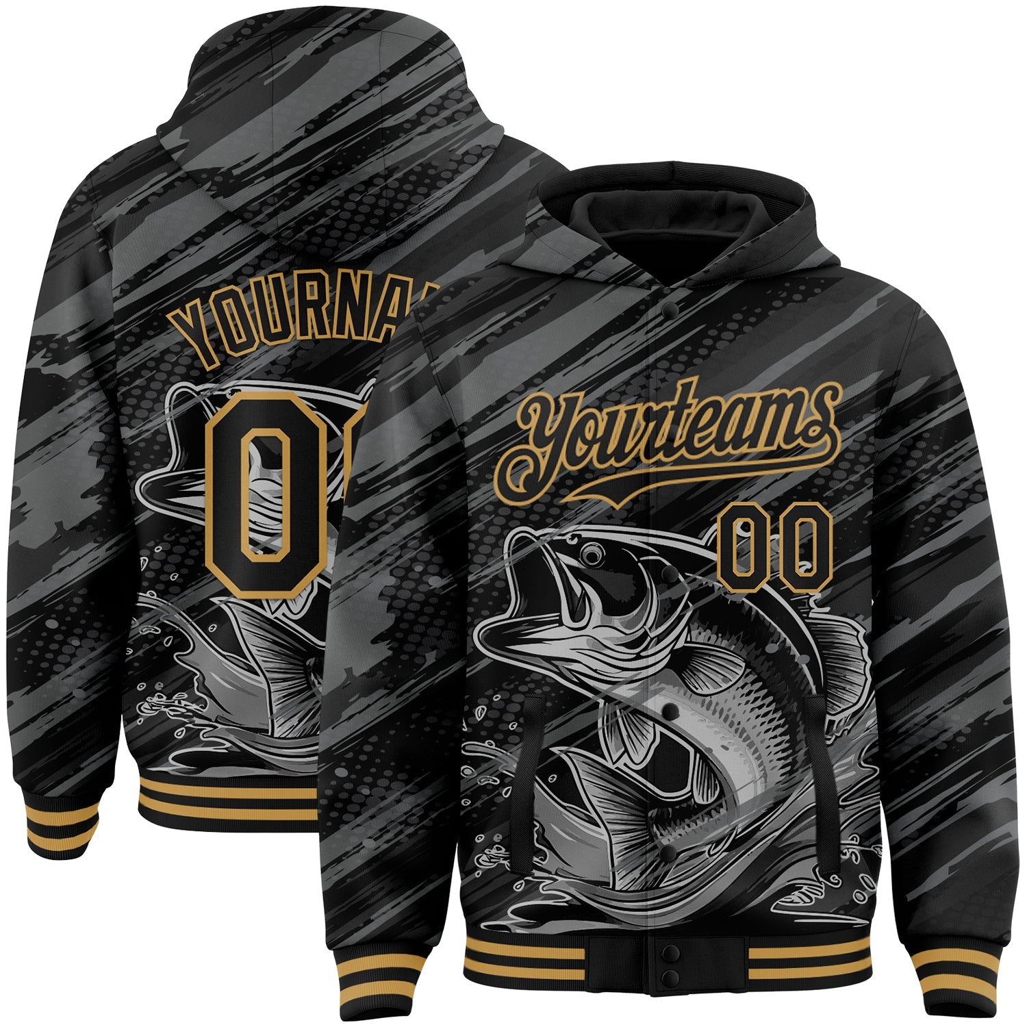 Custom Black Old Gold Largemouth Bass Fish Fishing 3D Bomber Full-Snap Varsity Letterman Hoodie Jacket - Main View