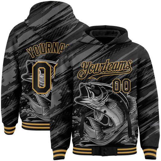 Custom Black Old Gold Largemouth Bass Fish Fishing 3D Bomber Full-Snap Varsity Letterman Hoodie Jacket - Main View