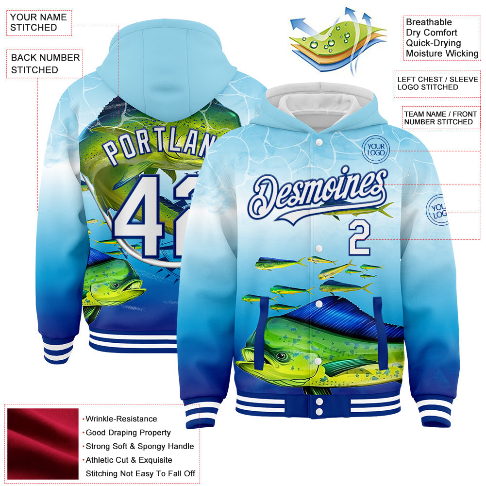 Custom Lakes Blue White-Royal Mahimah Fish Fishing 3D Bomber Full-Snap Varsity Letterman Hoodie Jacket view 3