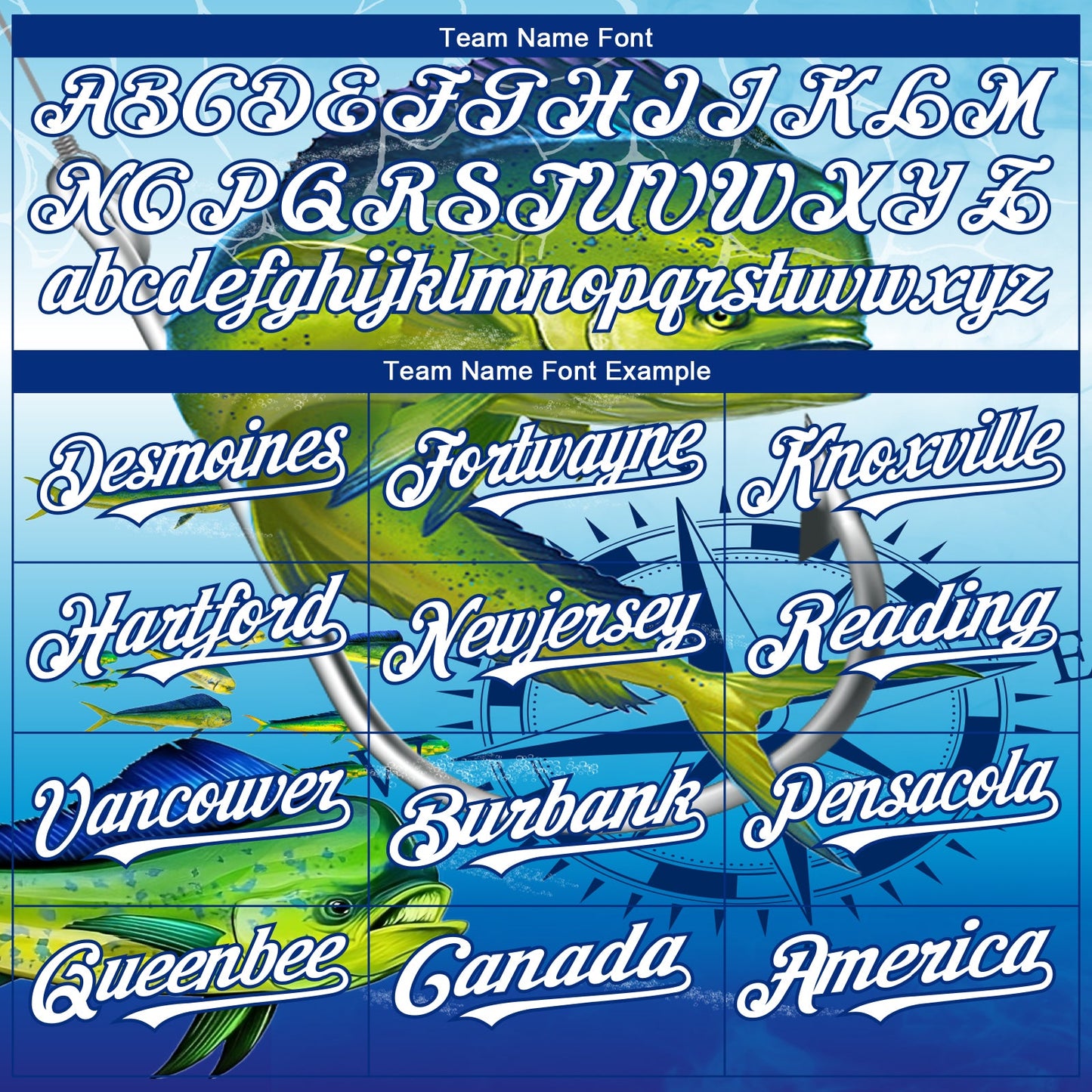 Custom Lakes Blue White-Royal Mahimah Fish Fishing 3D Bomber Full-Snap Varsity Letterman Hoodie Jacket view 4