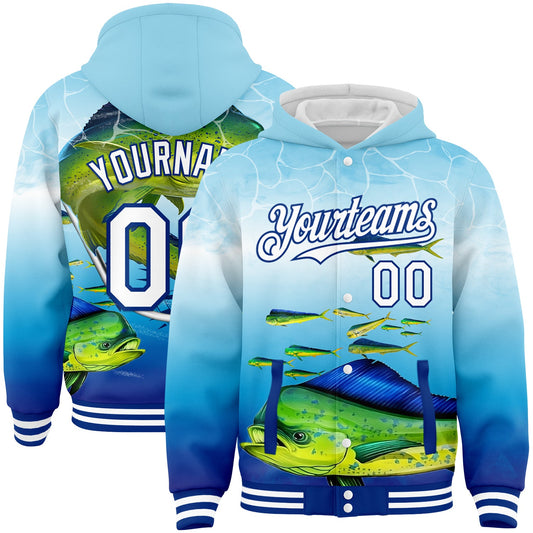 Custom Lakes Blue White-Royal Mahimah Fish Fishing 3D Bomber Full-Snap Varsity Letterman Hoodie Jacket - Main View