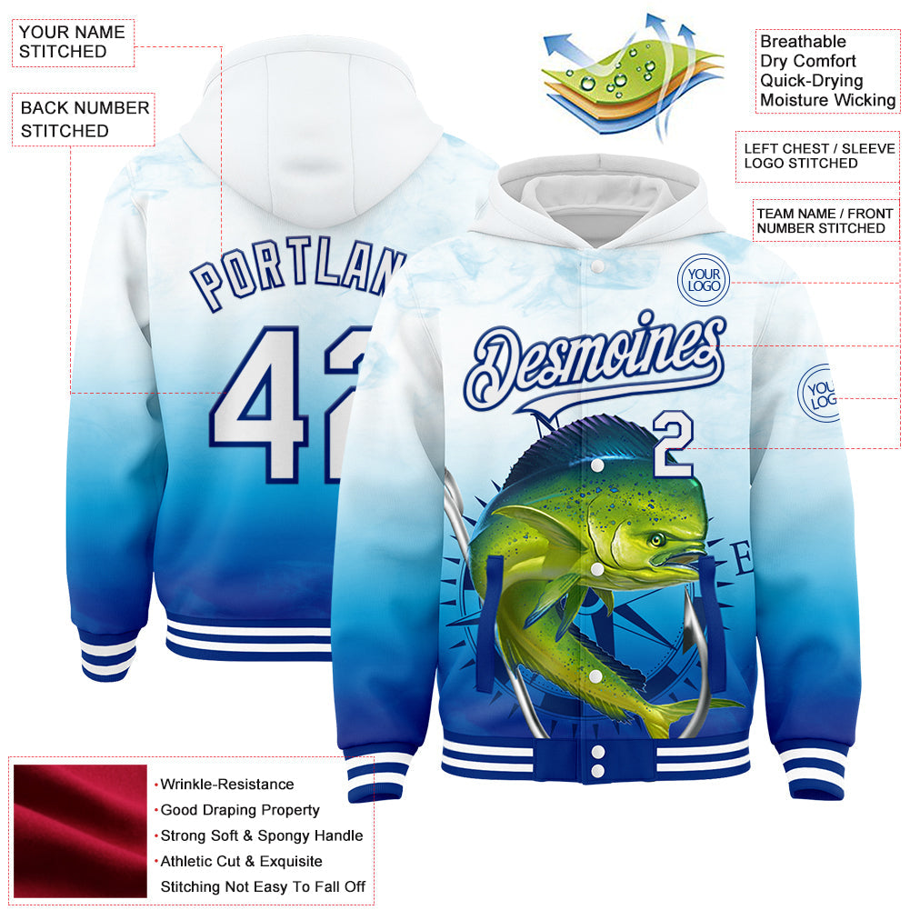 Custom Lakes Blue White-Royal Mahimah Fish Fishing 3D Bomber Full-Snap Varsity Letterman Hoodie Jacket view 3