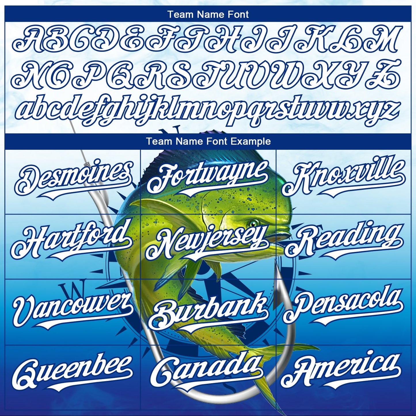 Custom Lakes Blue White-Royal Mahimah Fish Fishing 3D Bomber Full-Snap Varsity Letterman Hoodie Jacket view 4