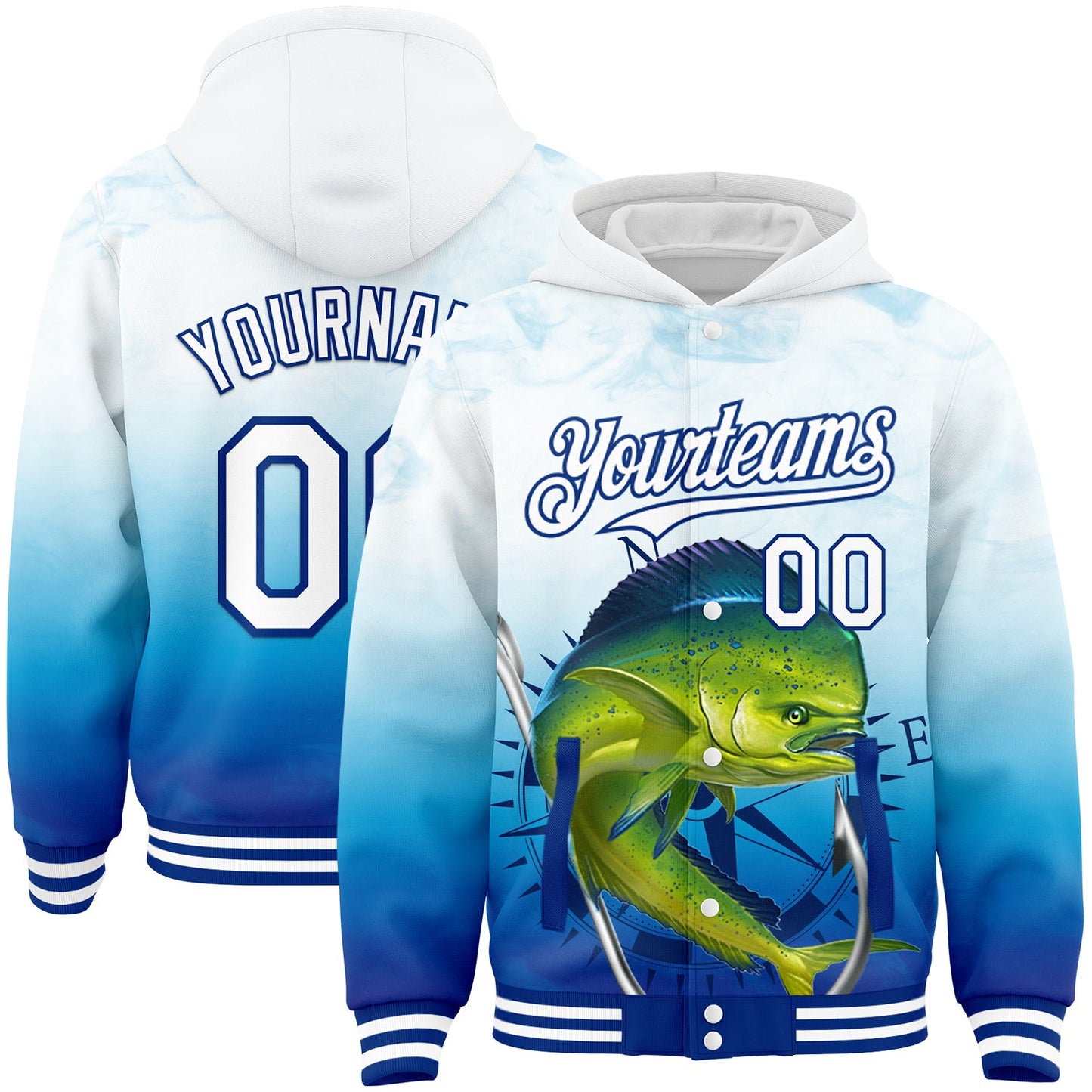 Custom Lakes Blue White-Royal Mahimah Fish Fishing 3D Bomber Full-Snap Varsity Letterman Hoodie Jacket - Main View