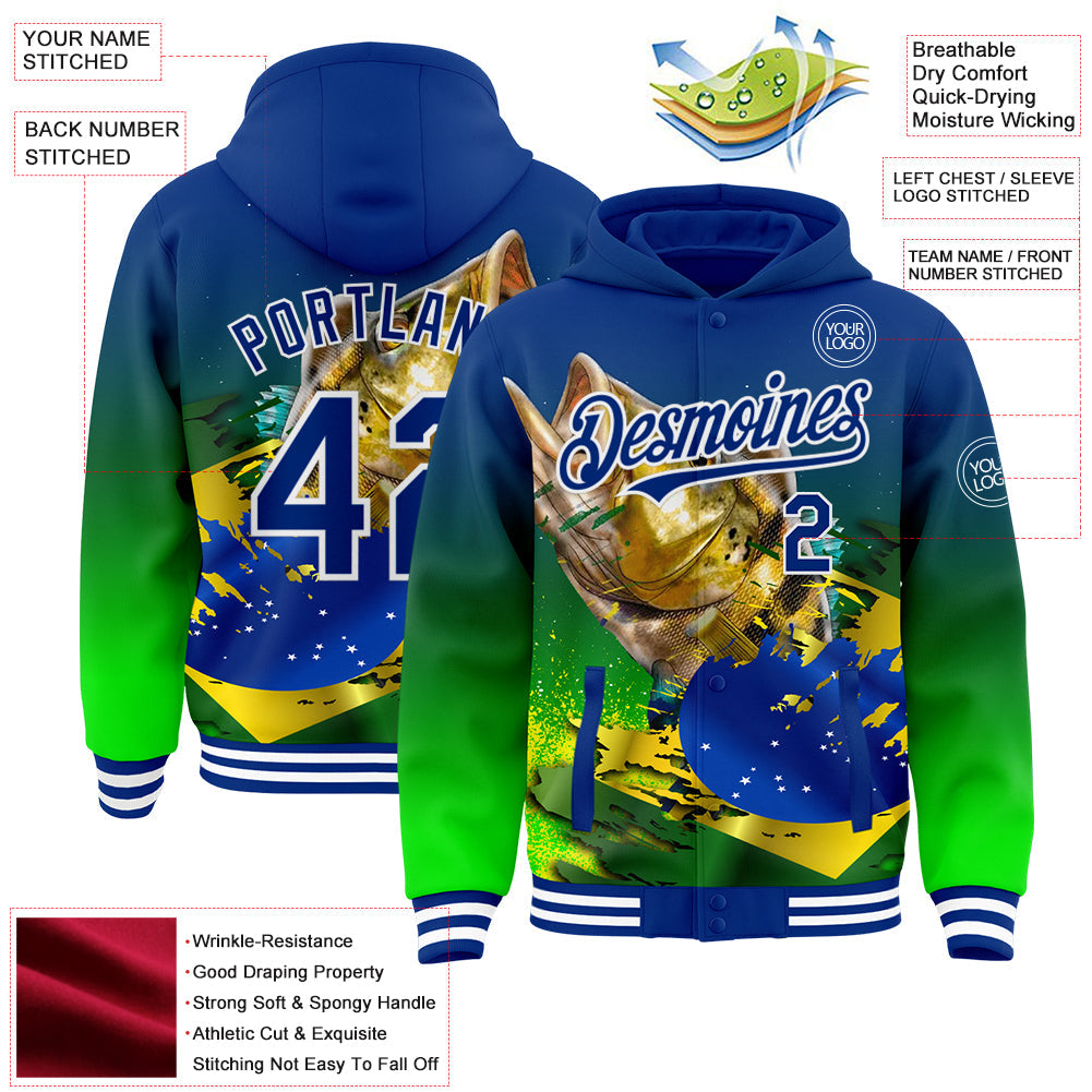 Custom Royal Neon Green-White Largemouth Bass Fish Fishing 3D Bomber Full-Snap Varsity Letterman Hoodie Jacket view 3
