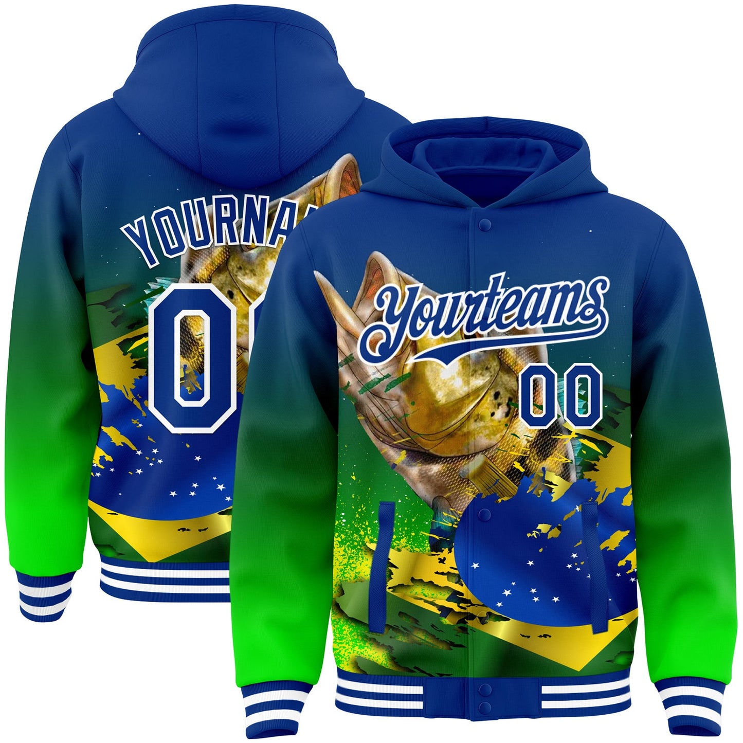 Custom Royal Neon Green-White Largemouth Bass Fish Fishing 3D Bomber Full-Snap Varsity Letterman Hoodie Jacket - Main View