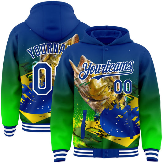 Custom Royal Neon Green-White Largemouth Bass Fish Fishing 3D Bomber Full-Snap Varsity Letterman Hoodie Jacket - Main View