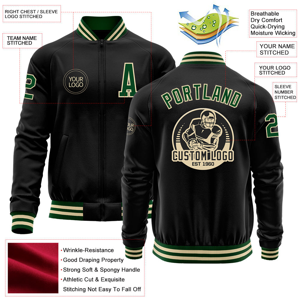 Custom Black Green-Cream Bomber Varsity Letterman Zipper Jacket view 4