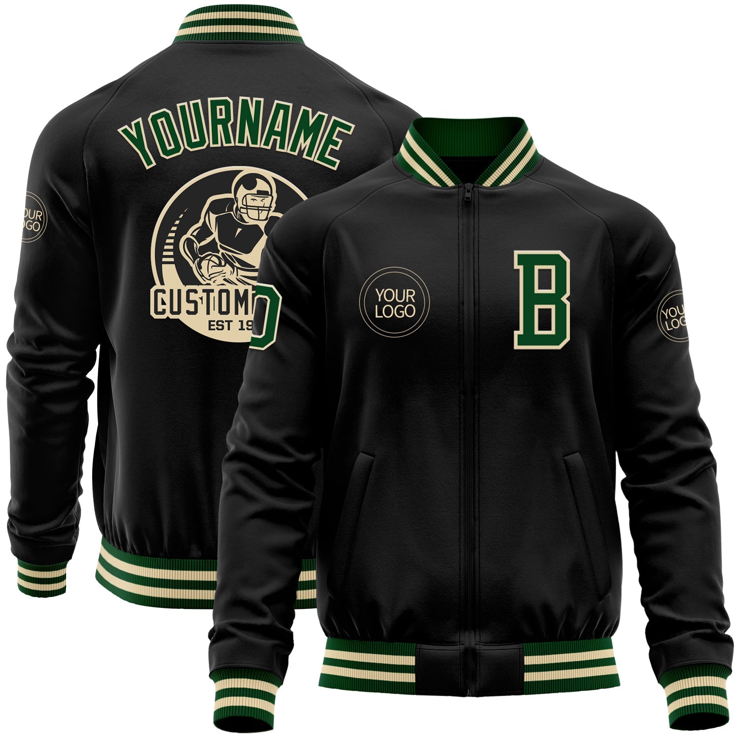 Custom Black Green-Cream Bomber Varsity Letterman Zipper Jacket - Main View