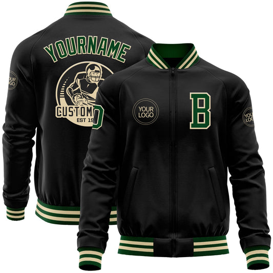 Custom Black Green-Cream Bomber Varsity Letterman Zipper Jacket - Main View