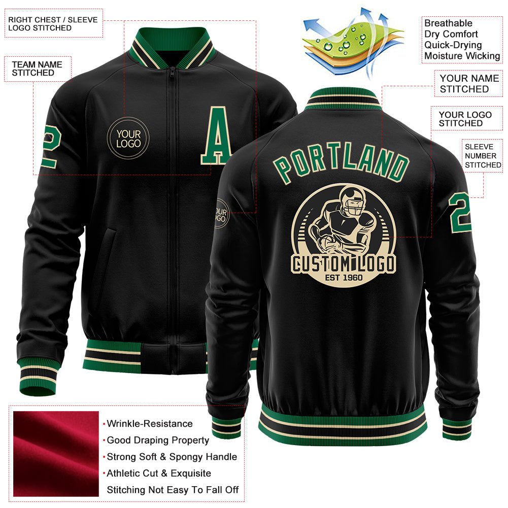 Custom Black Kelly Green-Cream Bomber Varsity Letterman Zipper Jacket view 4