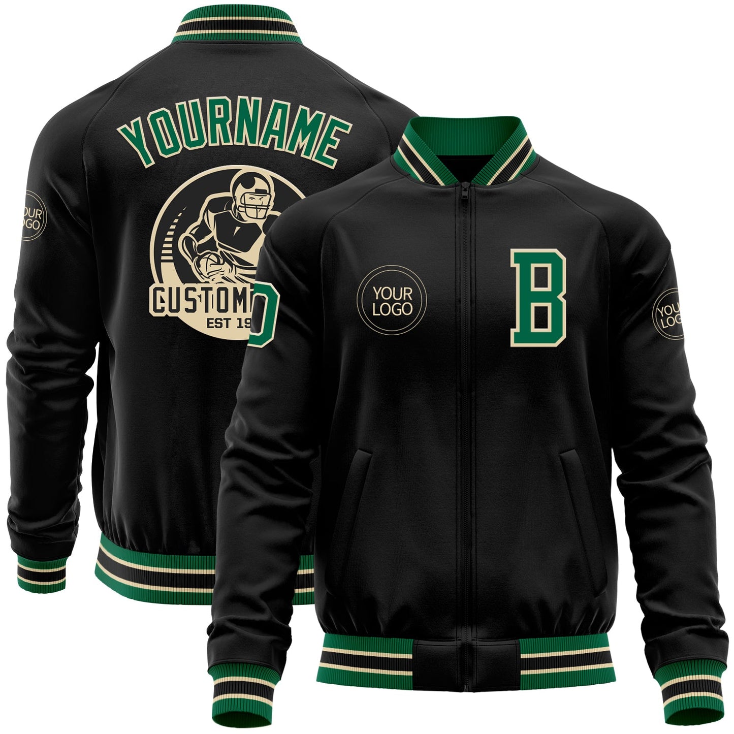Custom Black Kelly Green-Cream Bomber Varsity Letterman Zipper Jacket - Main View