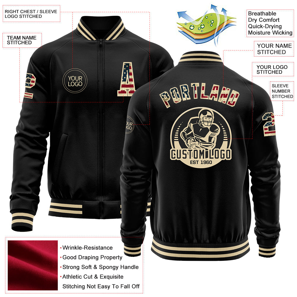 Custom Black Vintage USA Flag-Cream Bomber Varsity Letterman Zipper Jacket view 4