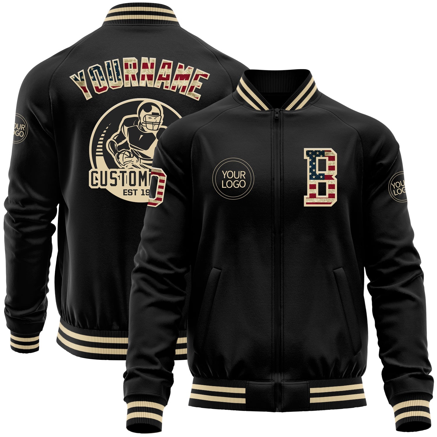 Custom Black Vintage USA Flag-Cream Bomber Varsity Letterman Zipper Jacket - Main View