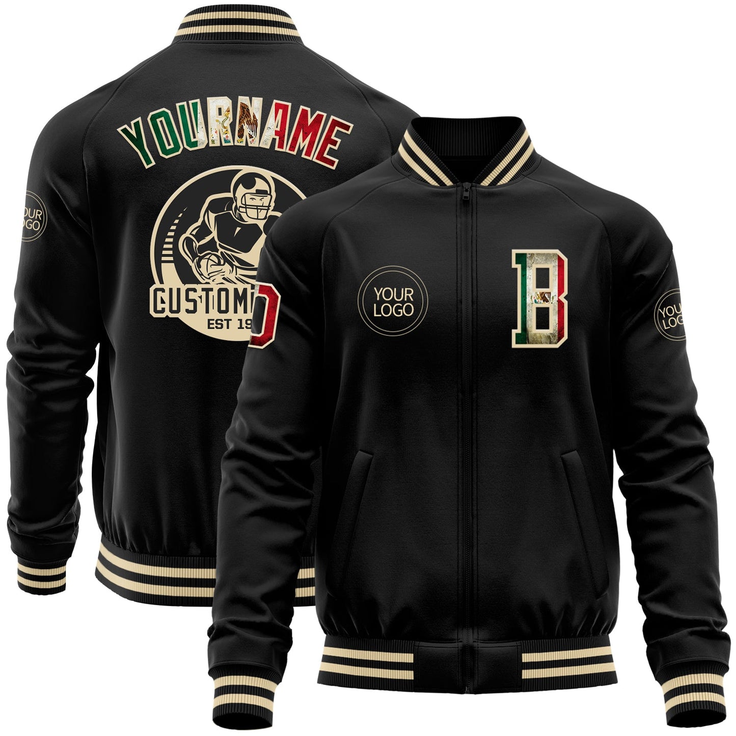 Custom Black Vintage Mexican Flag-Cream Bomber Varsity Letterman Zipper Jacket - Main View