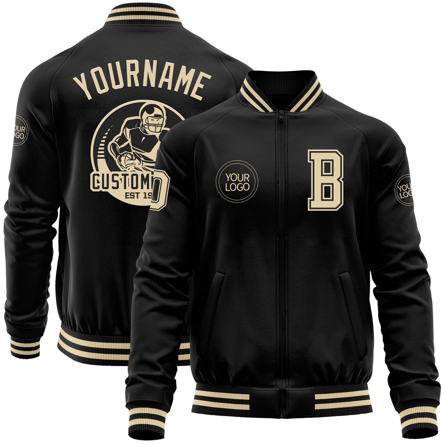 Custom Black Cream Bomber Varsity Letterman Zipper Jacket - Main View