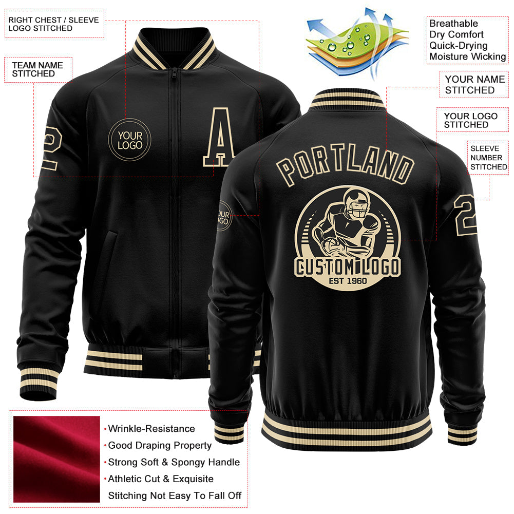 Custom Black Cream Bomber Varsity Letterman Zipper Jacket view 4