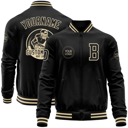 Custom Black Cream Bomber Varsity Letterman Zipper Jacket - Main View