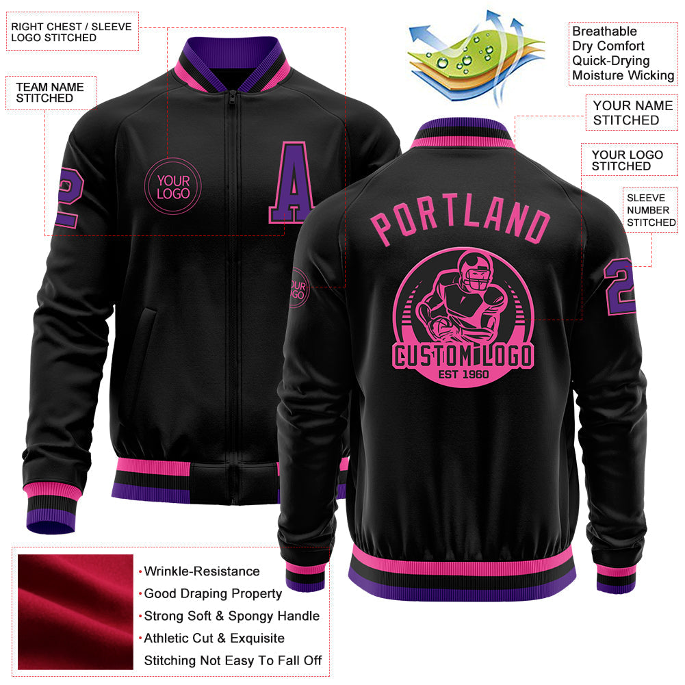 Custom Black Purple-Pink Bomber Varsity Letterman Zipper Jacket view 4