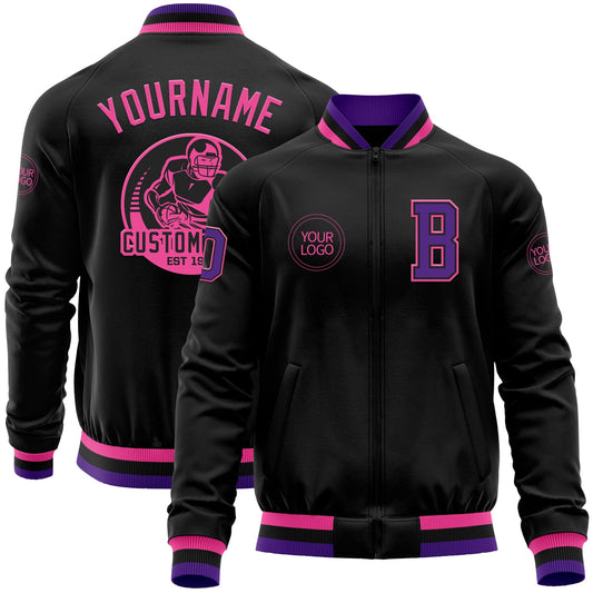Custom Black Purple-Pink Bomber Varsity Letterman Zipper Jacket - Main View